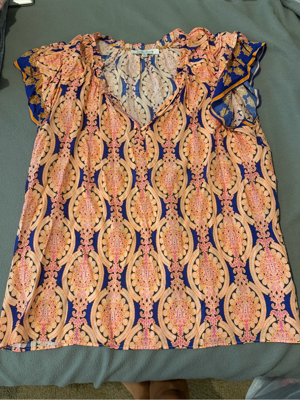 Rose & Olive Navy and Peach Medallion Print V-Neck Blouse